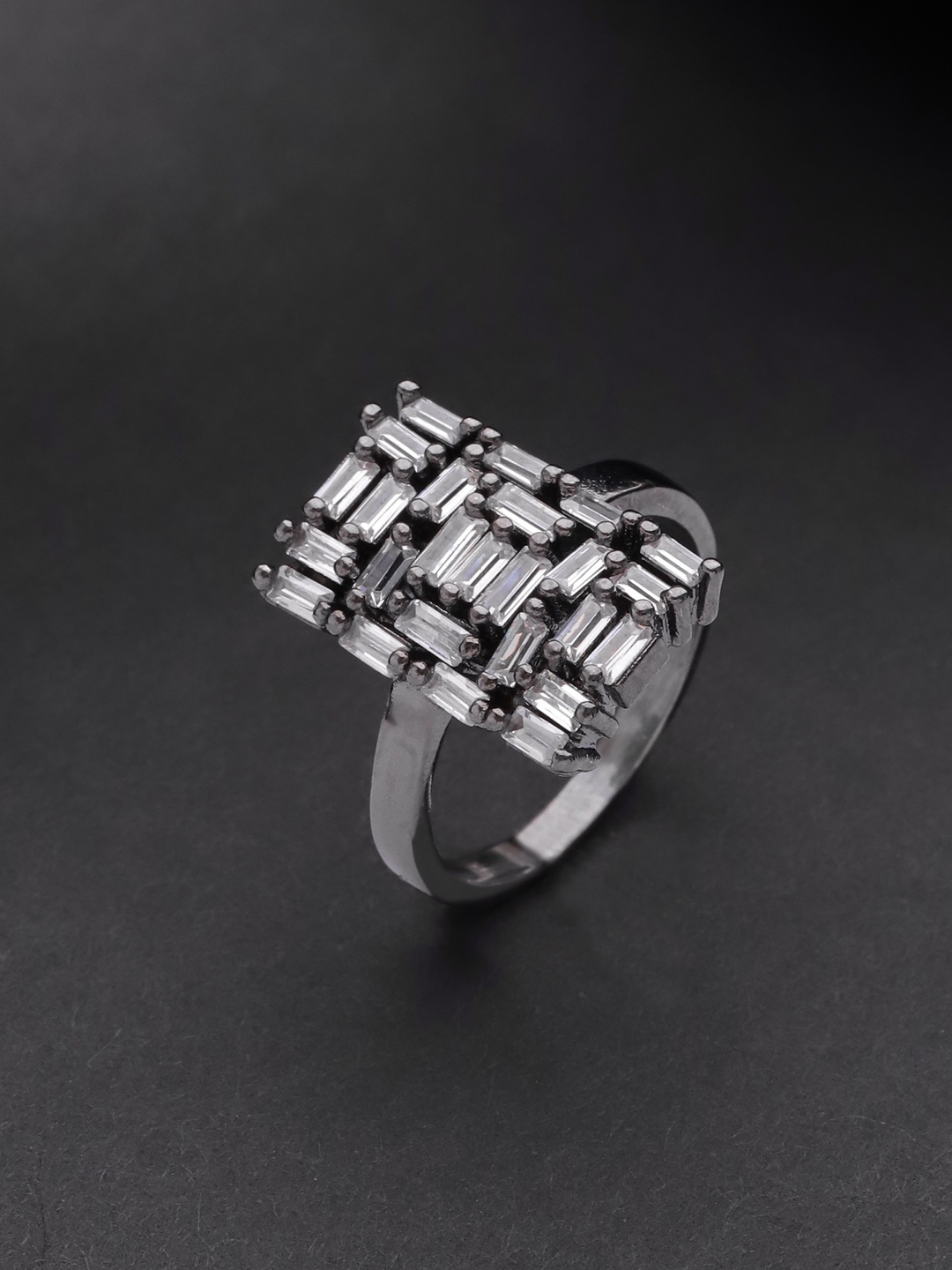 

Priyaasi Gunmetal Plated CZ Studded Off White Rectangular Shaped Finger Ring, Grey melange