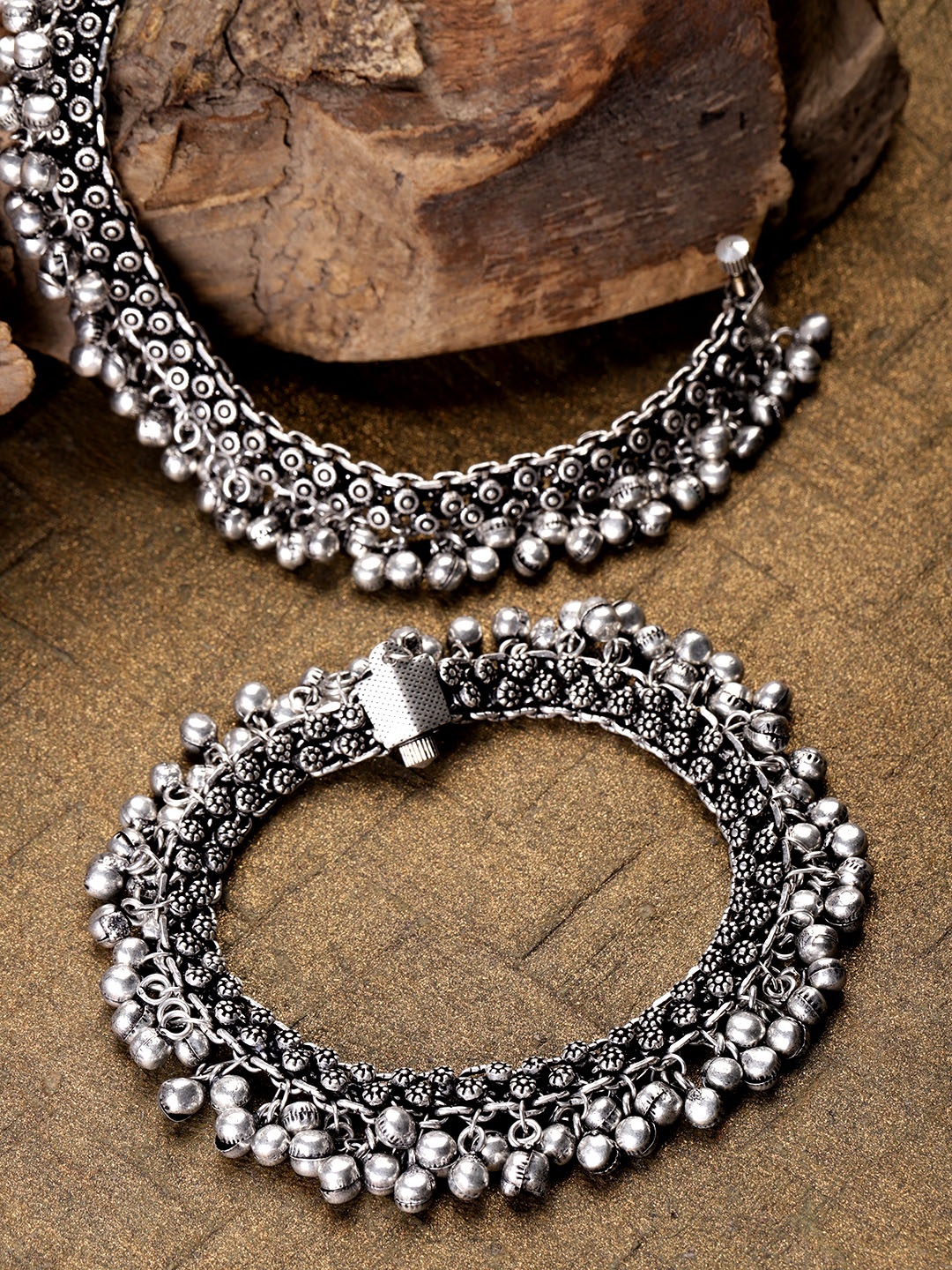 

Priyaasi Set of 2 Oxidised German Silver Ghungroo Anklets with Silver Plating