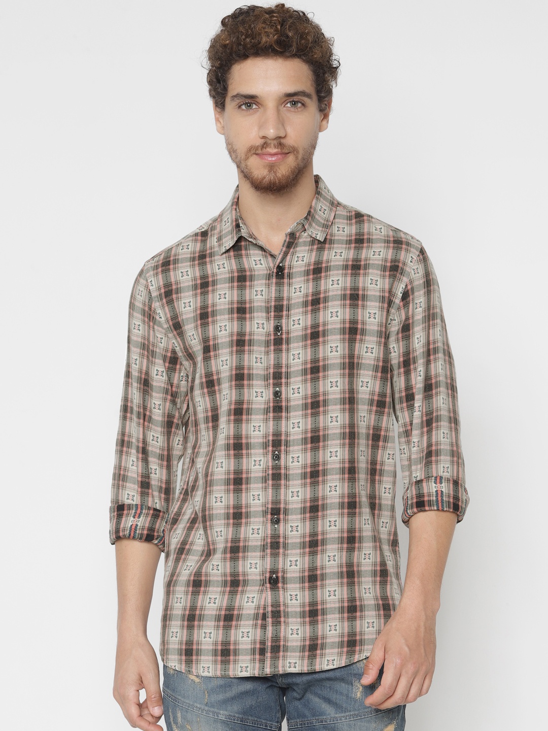 

Jack & Jones Men Off-White & Grey Slim Fit Checked Casual Shirt