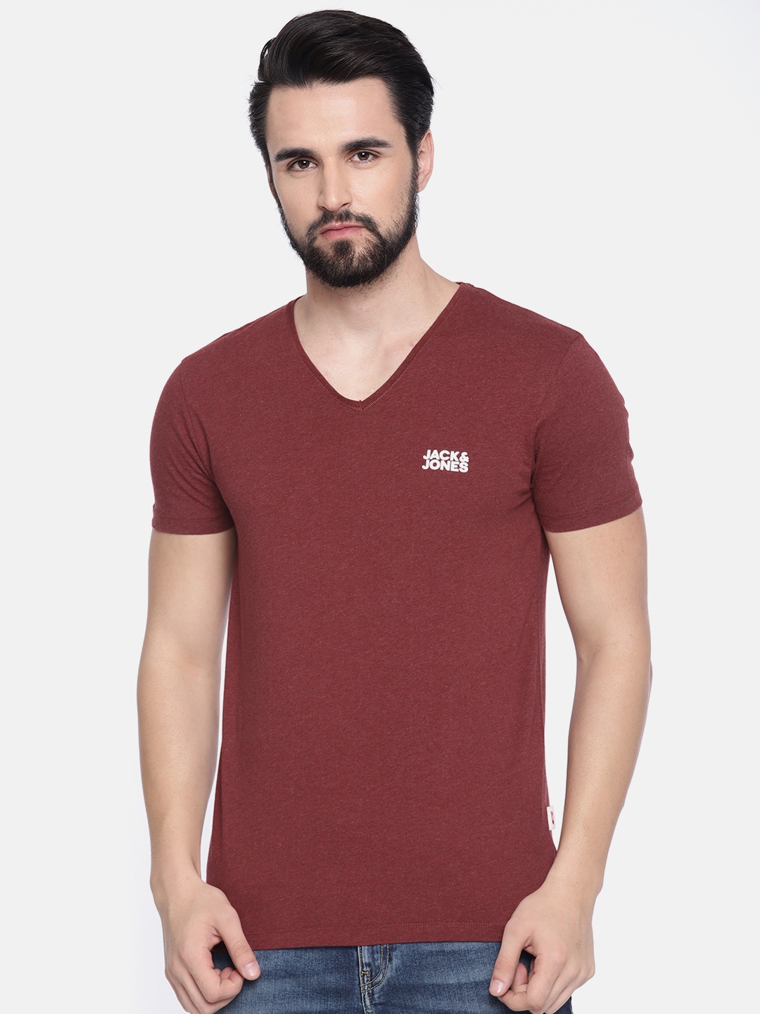 

Jack Jones Men Red Solid V-Neck Pure Cotton T-shirt