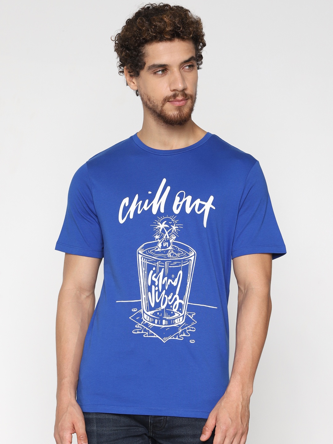 

Jack Jones Men Blue Printed Round Neck Pure Cotton T-shirt