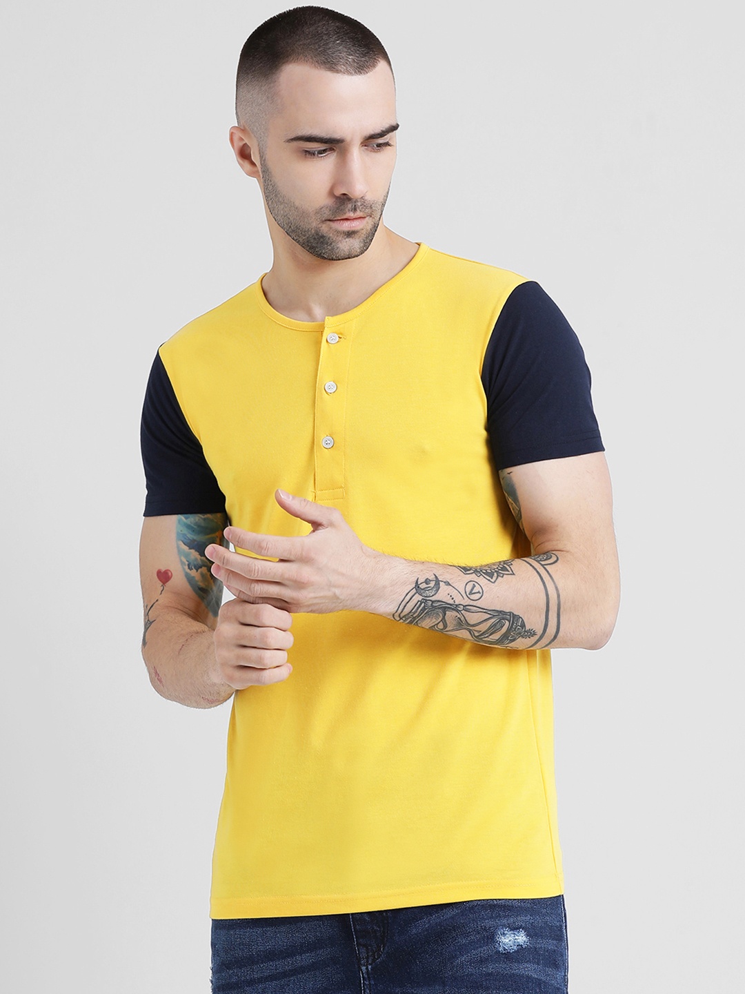 

Tinted Men Yellow Colourblocked Henley Neck T-shirt