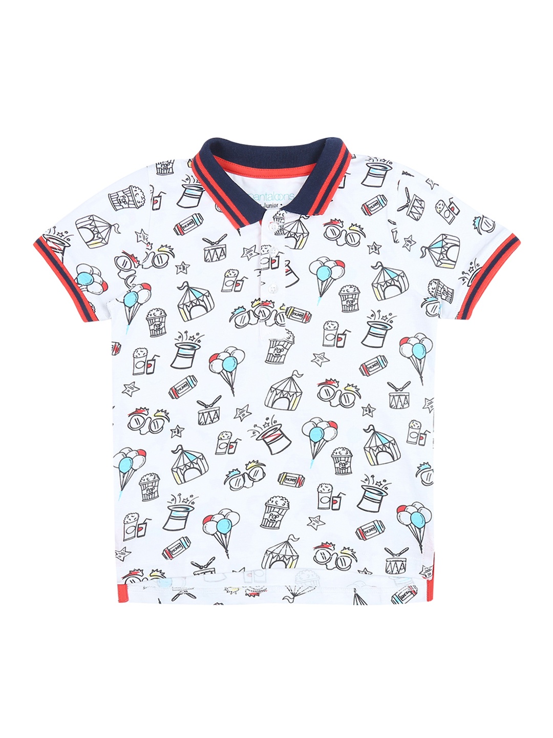 

Pantaloons Junior Boys White Printed Polo Collar Pure Cotton T-shirt