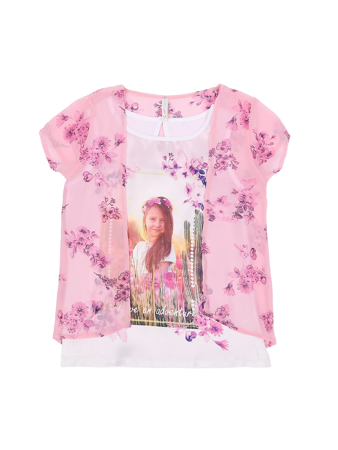 

Pantaloons Junior Girls Peach-Coloured Printed Round Neck Pure Cotton T-shirt