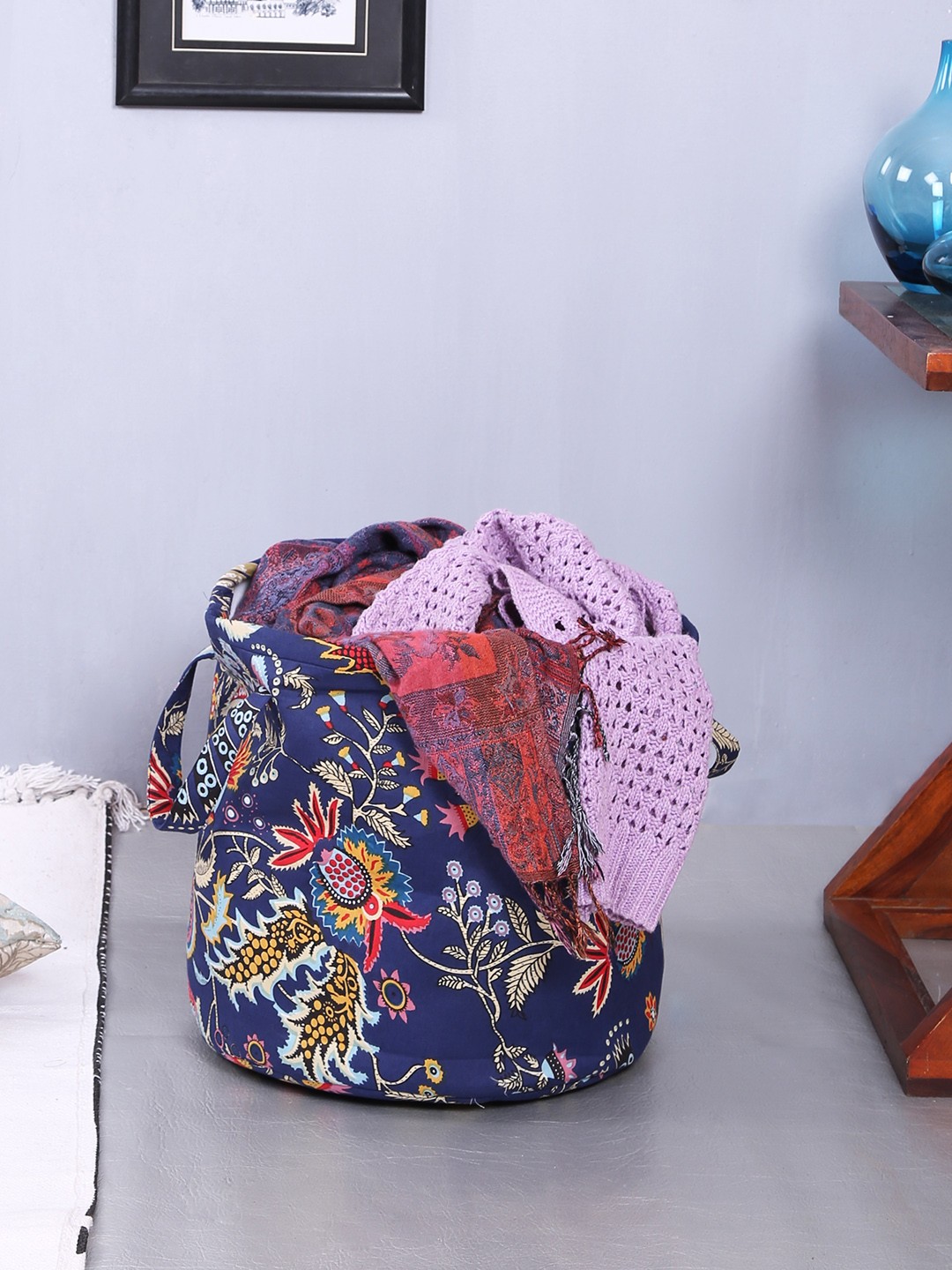 

Rajasthan Decor Blue & Multicoloured Printed Foldable Laundry Bag