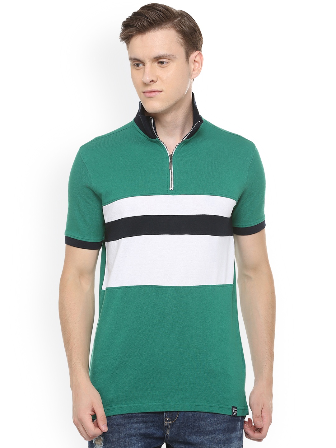 

People Men Green Striped High Neck T-shirt
