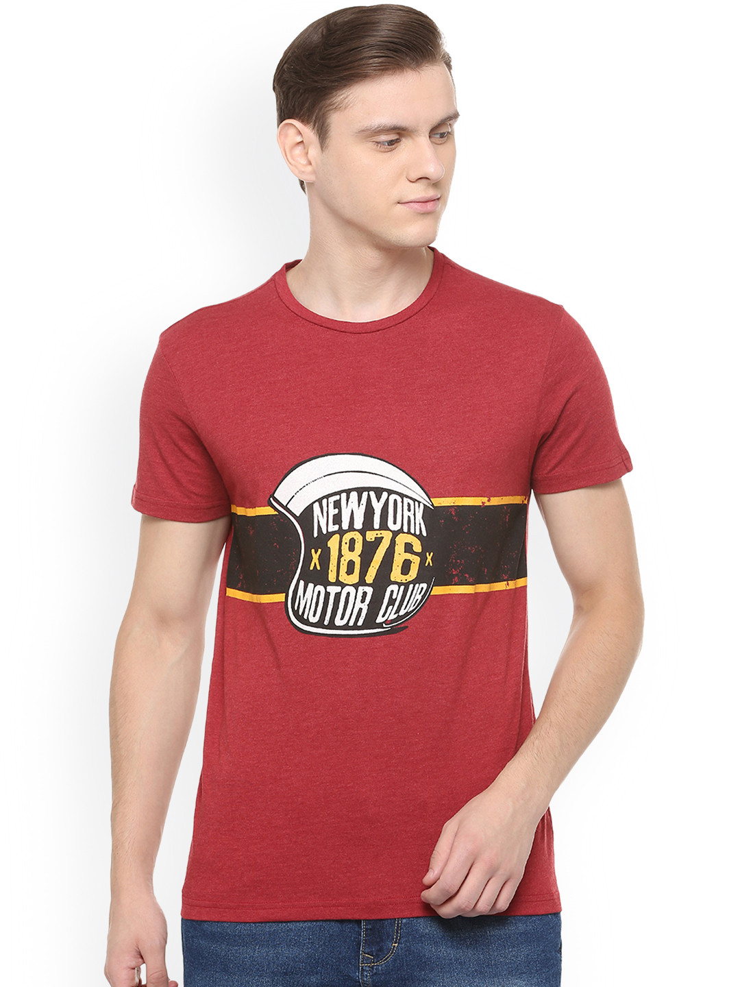 

People Men Maroon Printed Round Neck T-shirt