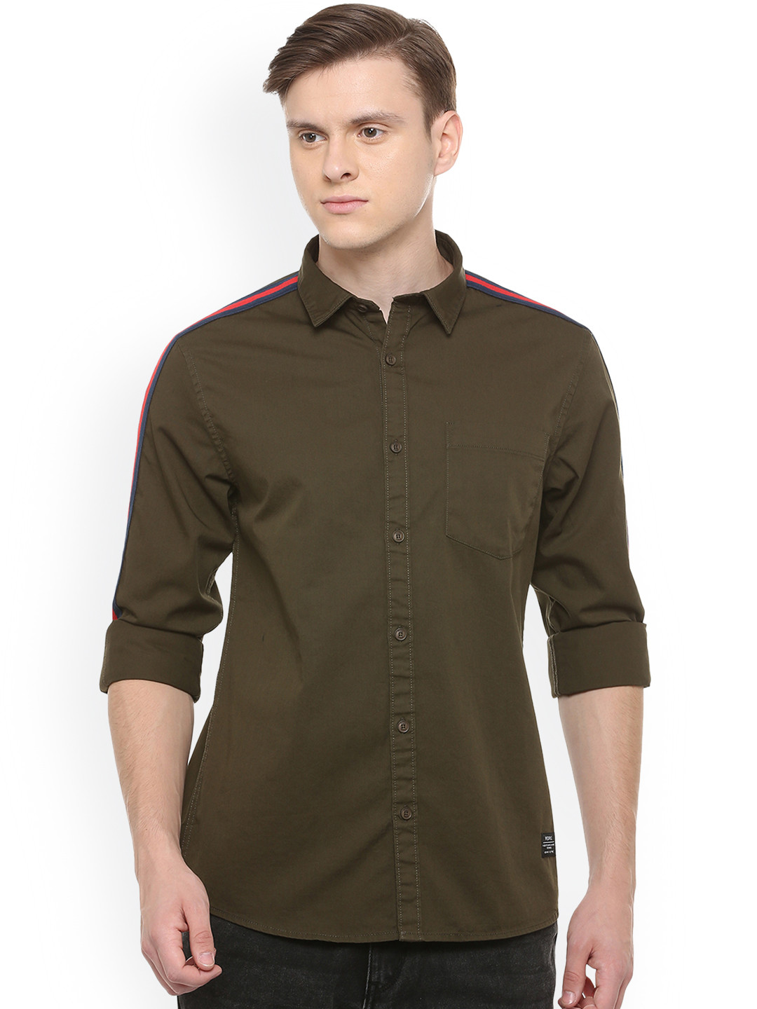

People Men Olive Green Regular Fit Solid Casual Shirt