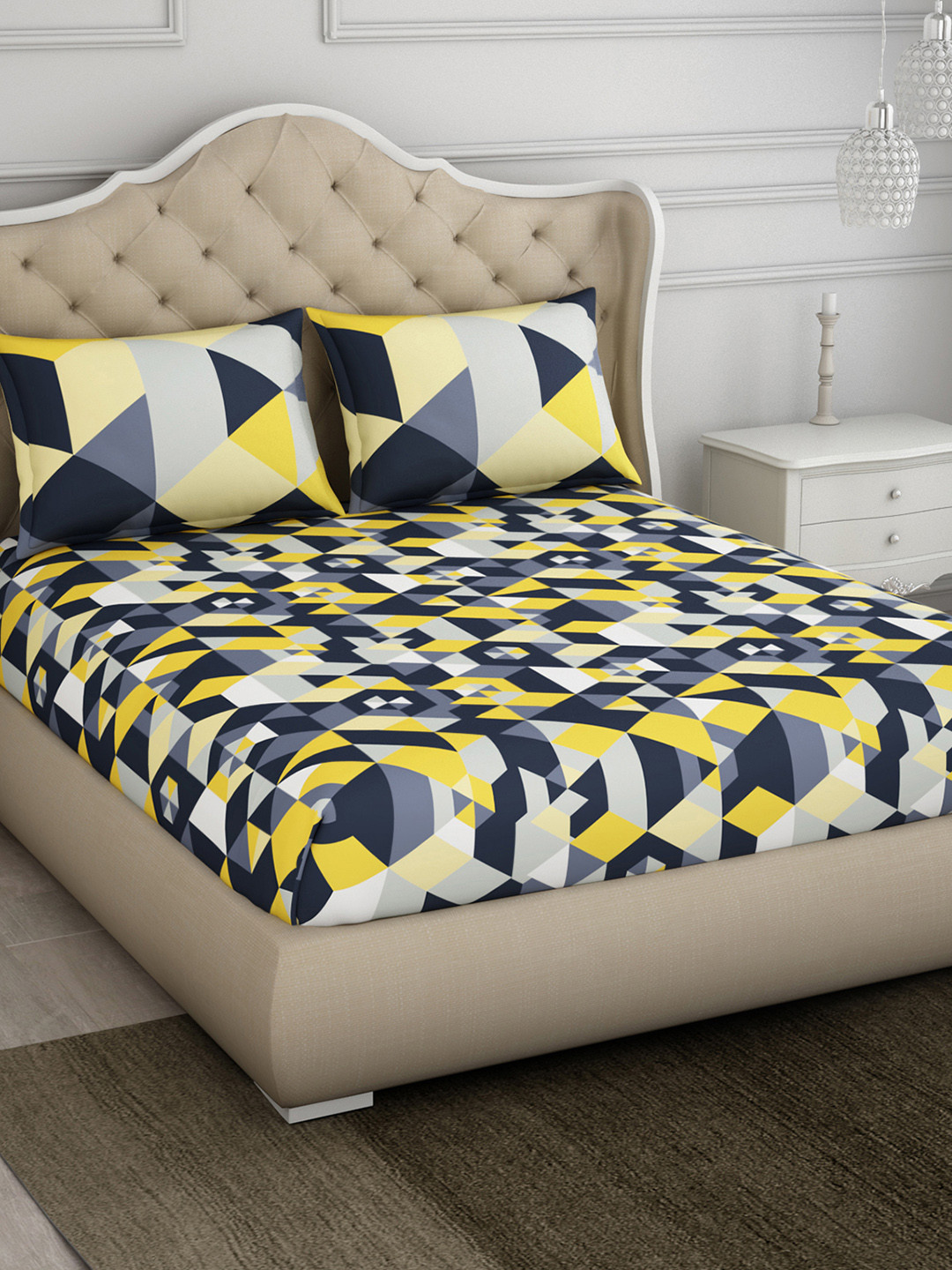 

SPACES Black & Yellow Geometric 144 TC Cotton 1 Queen Bedsheet with 2 Pillow Covers