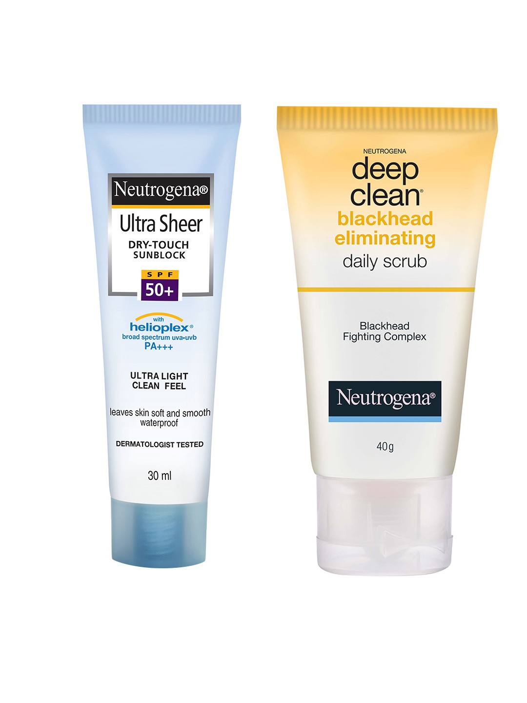

Neutrogena Set Of Black Head Eliminating Scrub & Ultra Sheer Sunblock SPF50, Blue