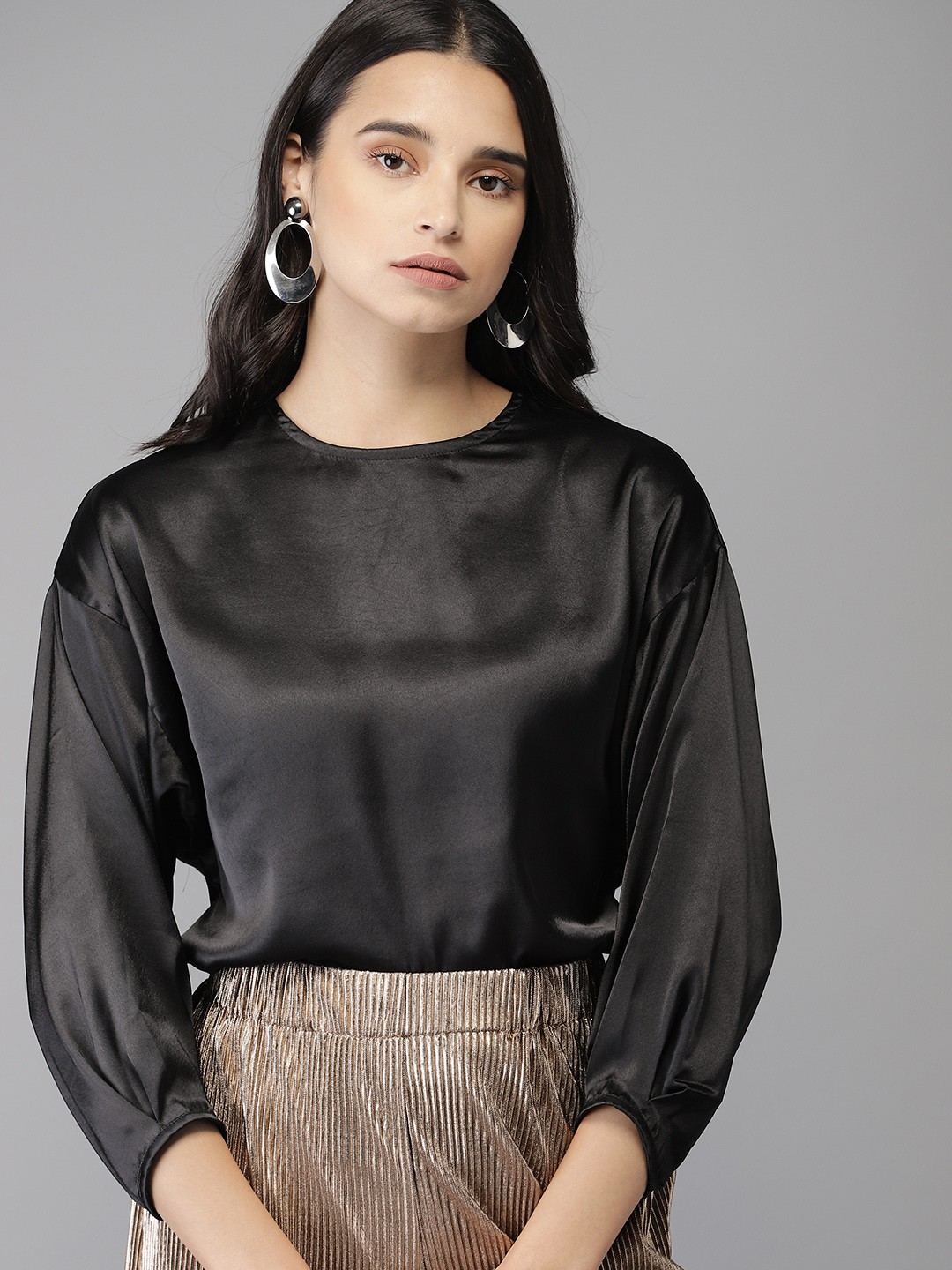 

Moda Rapido Women Black Solid Satin Regular Top