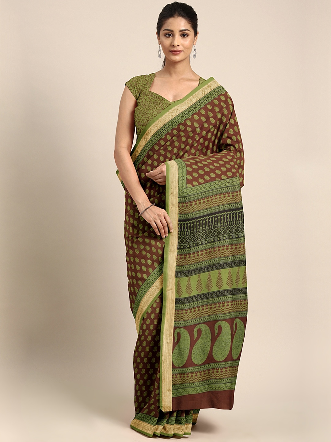 

Kalakari India Green & Brown Handblock Print Maheshwari Saree