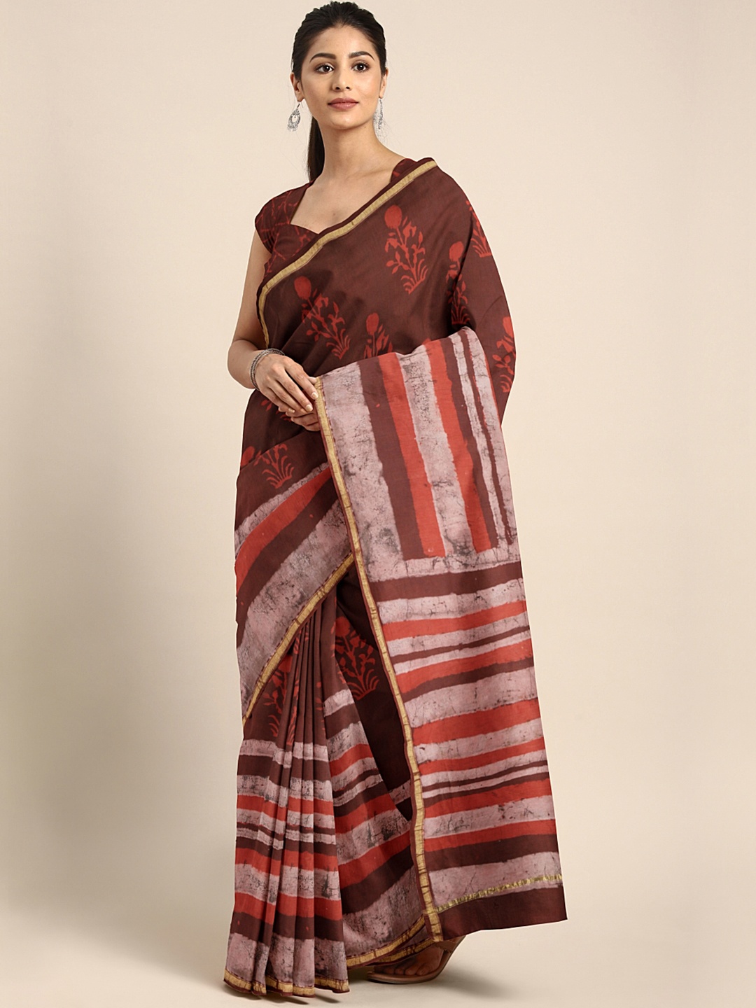 

Kalakari India Brown & Maroon Handblock Print Chanderi Sustainable Saree