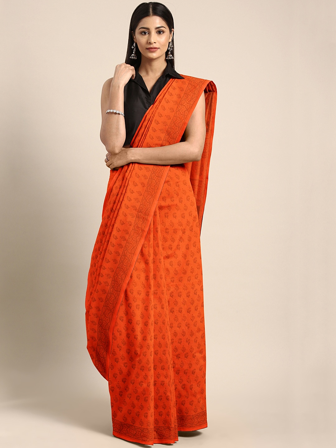 

Kalakari India Orange Printed Bagh Handblock Print Sustainable Saree