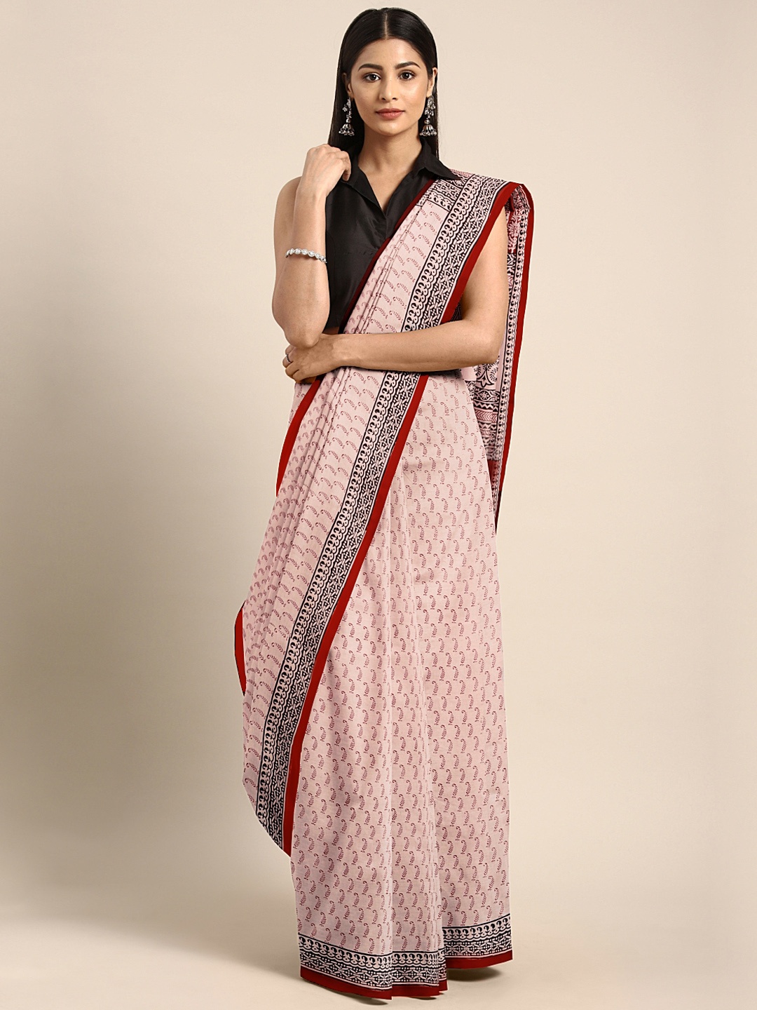 

Kalakari India Pink & Maroon Handblock Print Sustainable Saree