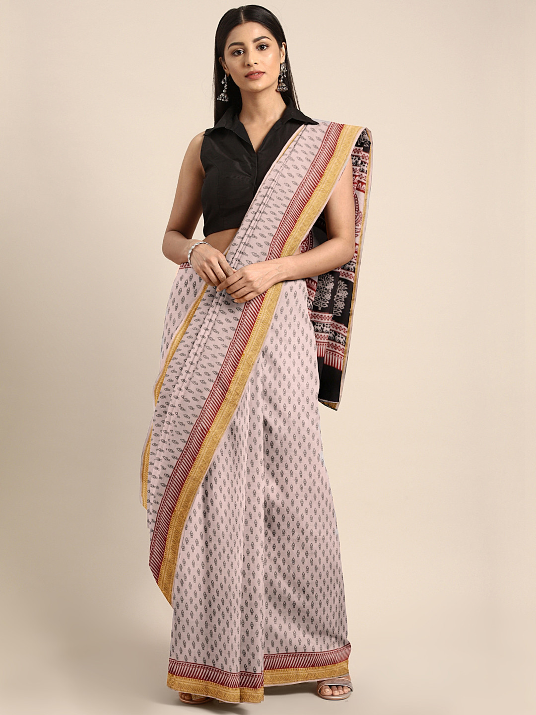 

Kalakari India Off-White & Black Handblock Print Maheshwari Sustainable Saree