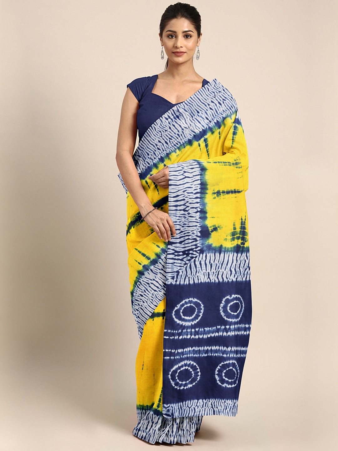 

Kalakari India Yellow & Navy Blue Handblock Print Saree