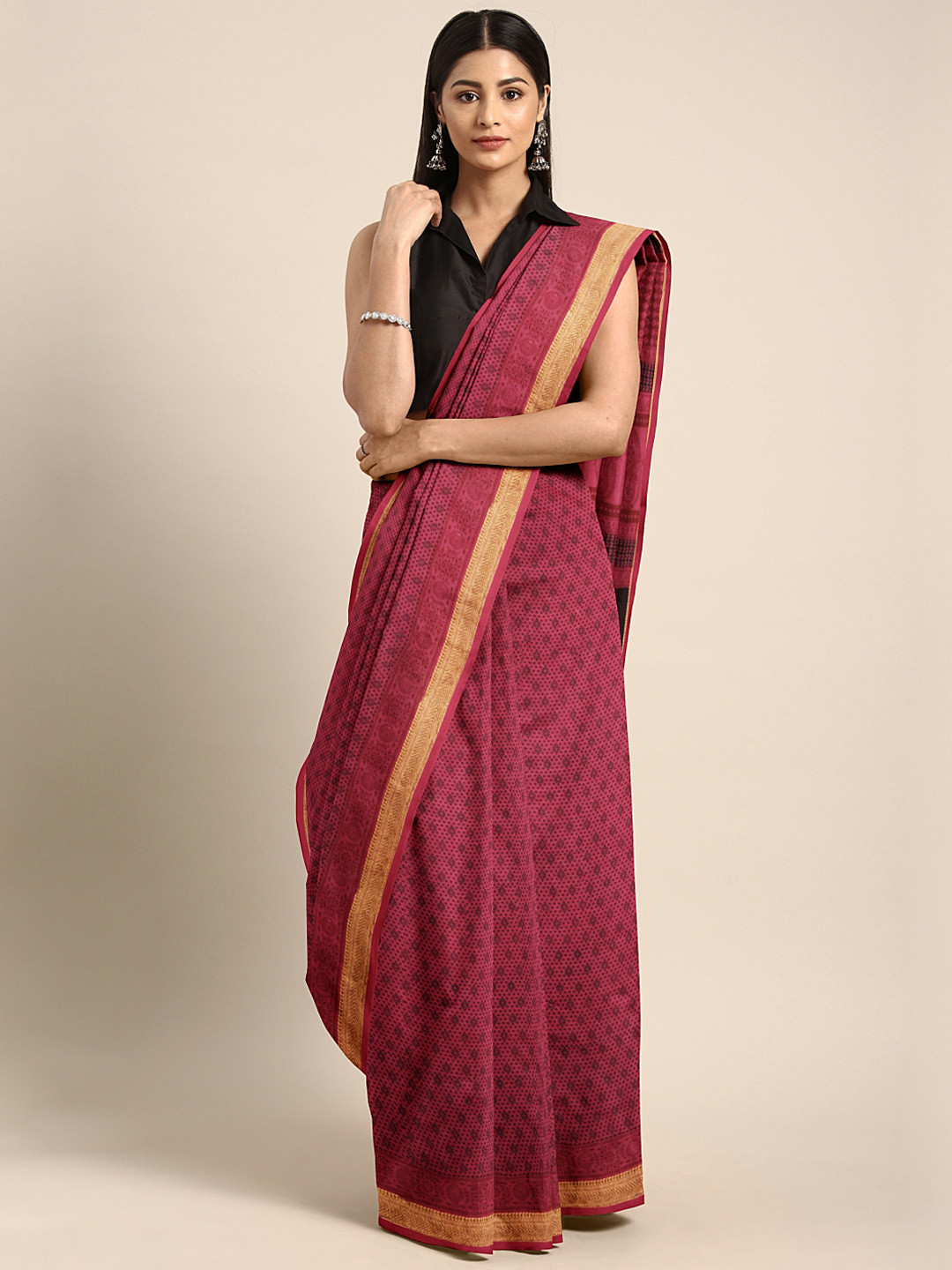 

Kalakari India Pink & Black Handblock Print Maheshwari Saree