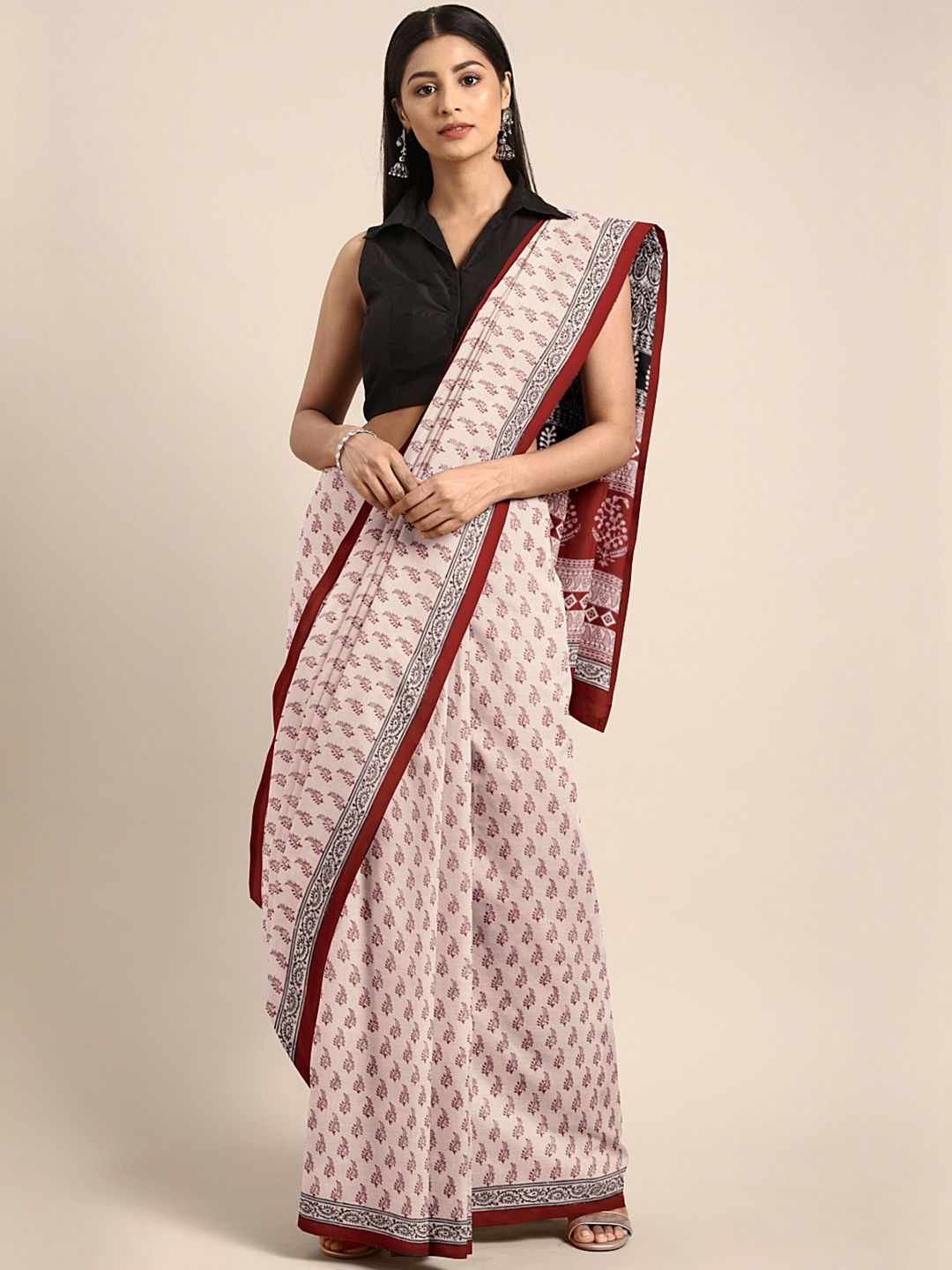 

Kalakari India Off-White & Maroon Printed Bagh Handloom Saree