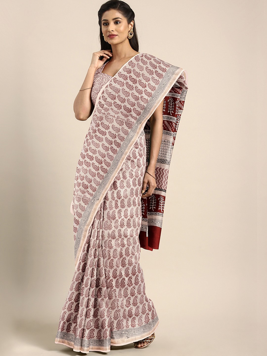 

Kalakari India Beige & Maroon Printed Maheshwari Sustainable Saree