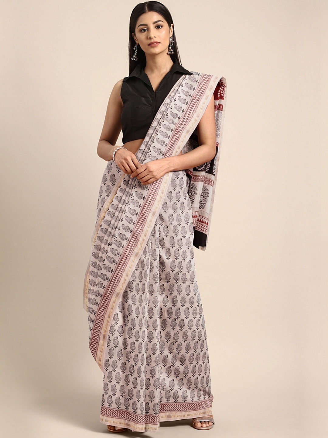

Kalakari India Off-White & Maroon Handblock Print Maheshwari Sustainable Saree