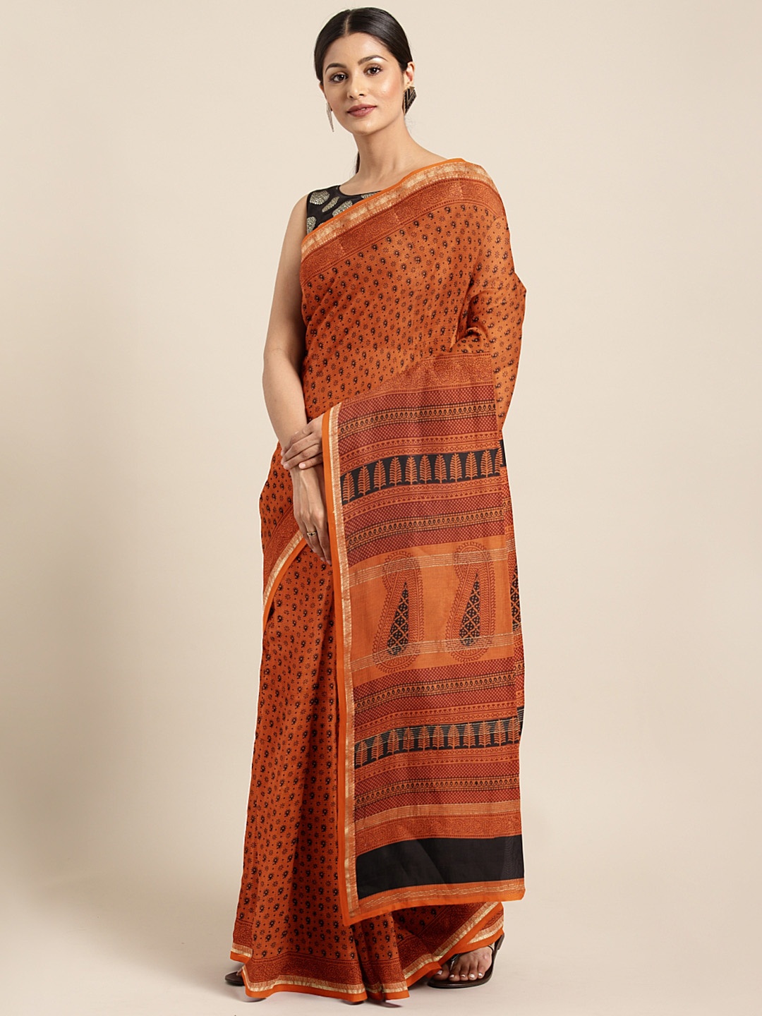 

Kalakari India Orange & Black Printed Maheshwari Saree