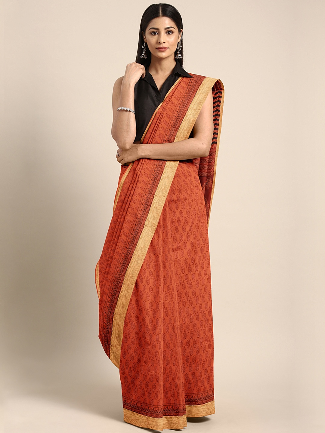 

Kalakari India Orange & Maroon Printed Maheshwari Sustainable Saree