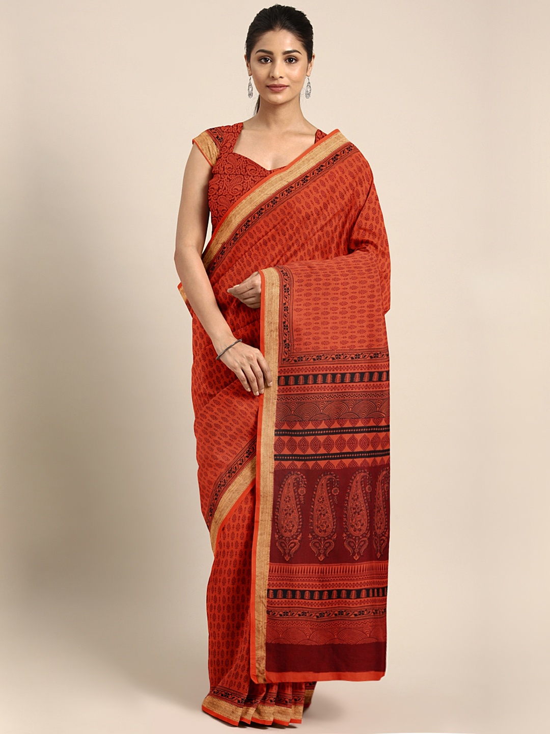 

Kalakari India Orange & Maroon Handblock Print Maheshwari Sustainable Saree