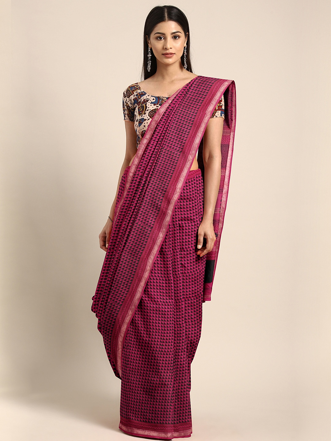 

Kalakari India Pink & Black Silk Blend Printed Maheshwari Sustainable Saree