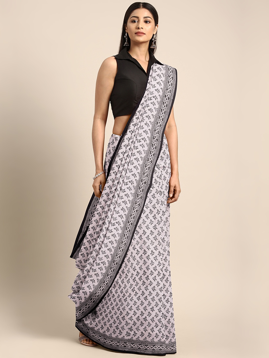 

Kalakari India Off-White & Black Handblock Print Bagh Sustainable Saree