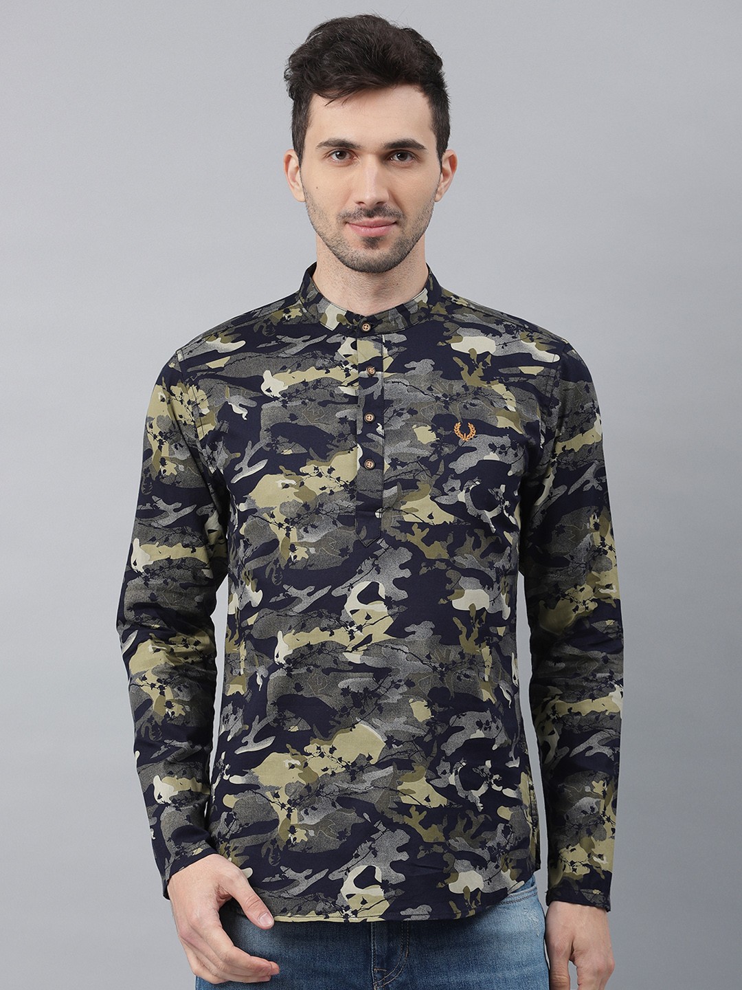 

Freehand Men Olive Green & Navy Blue Printed Straight Kurta