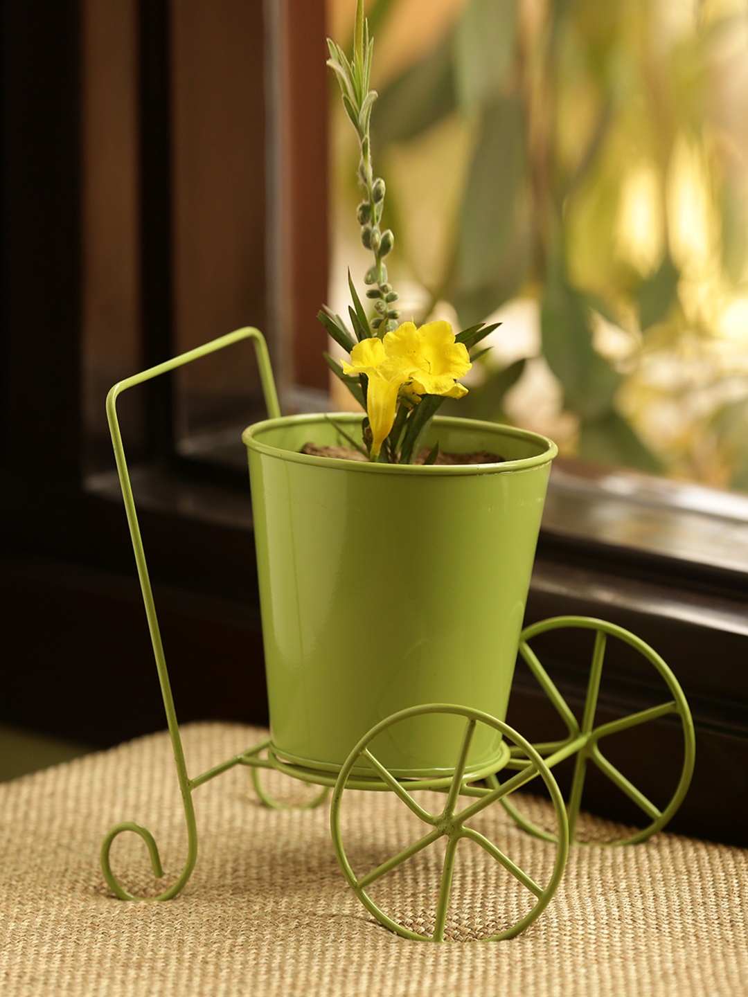 

ExclusiveLane Plant On Wheels Hand-Painted Floor Cum Table Planters Pot, Green