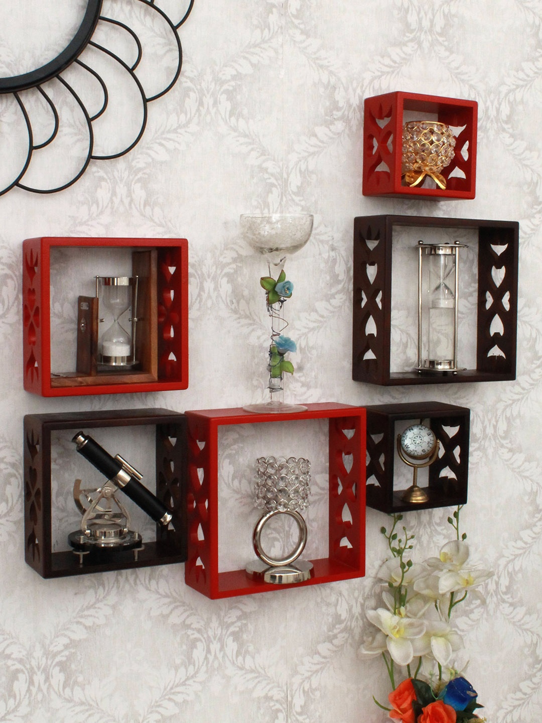 

Home Sparkle Set of 6 Brown & Red MDF Basic Wall Shelves