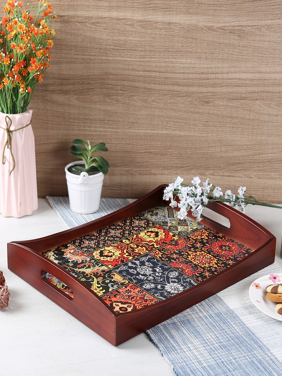 

Reinvention Factory Brown & Multicoloured Printed Large Serving Tray