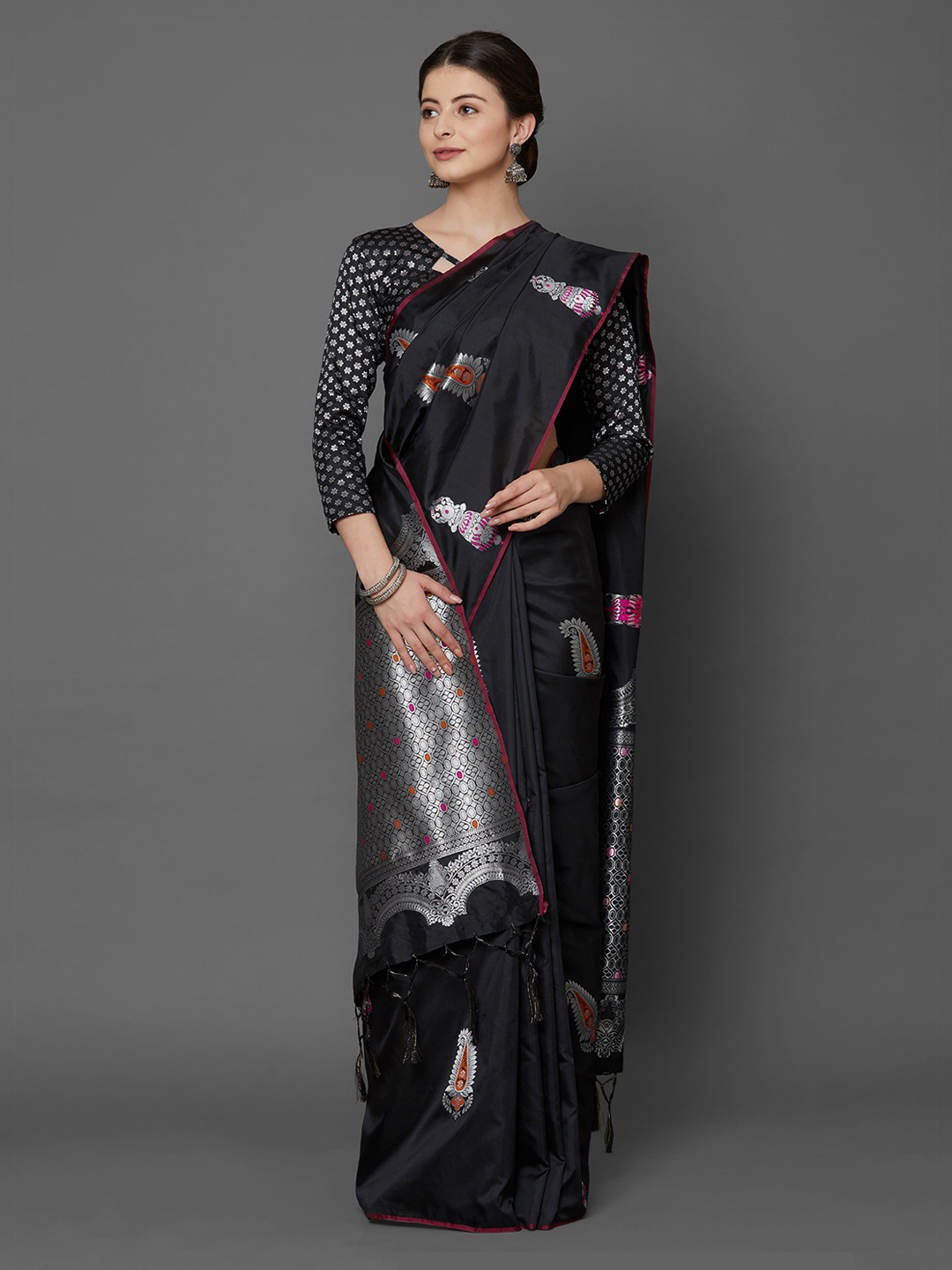 

Mitera Black Silk Blend Printed Kanjeevaram Saree