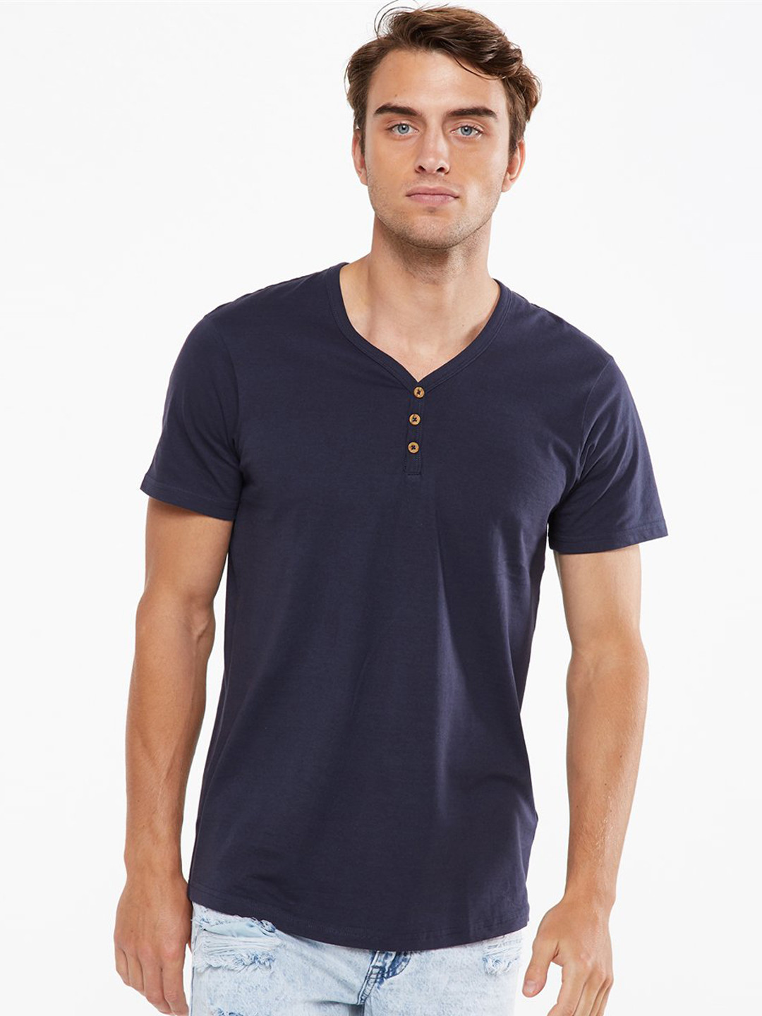 

COTTON ON Men Navy Solid Henley Neck T-shirt, Navy blue