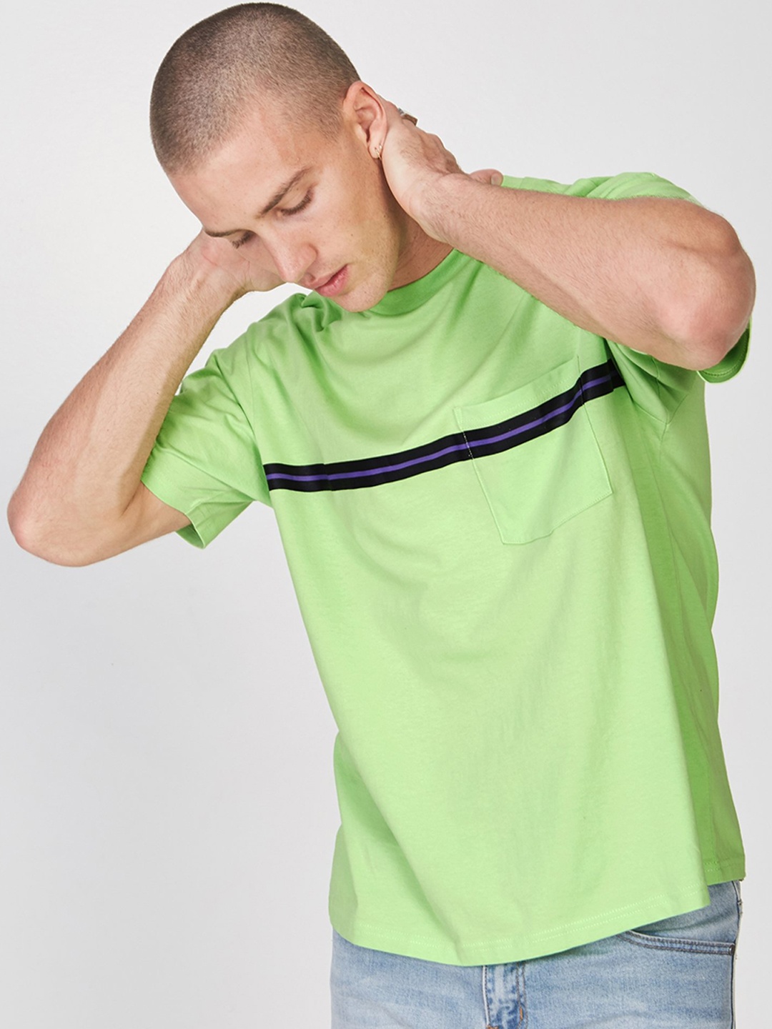 

COTTON ON Men Fluorescent Green Striped Round Neck T-shirt