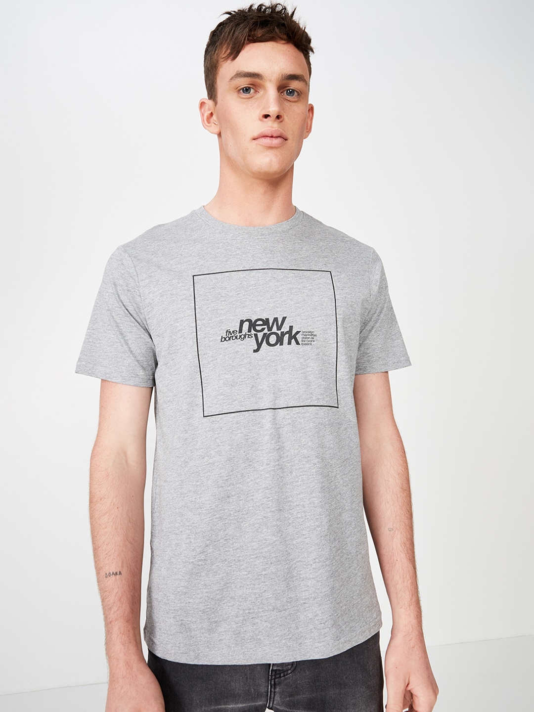 

COTTON ON Men Grey Melange Printed Round Neck T-shirt
