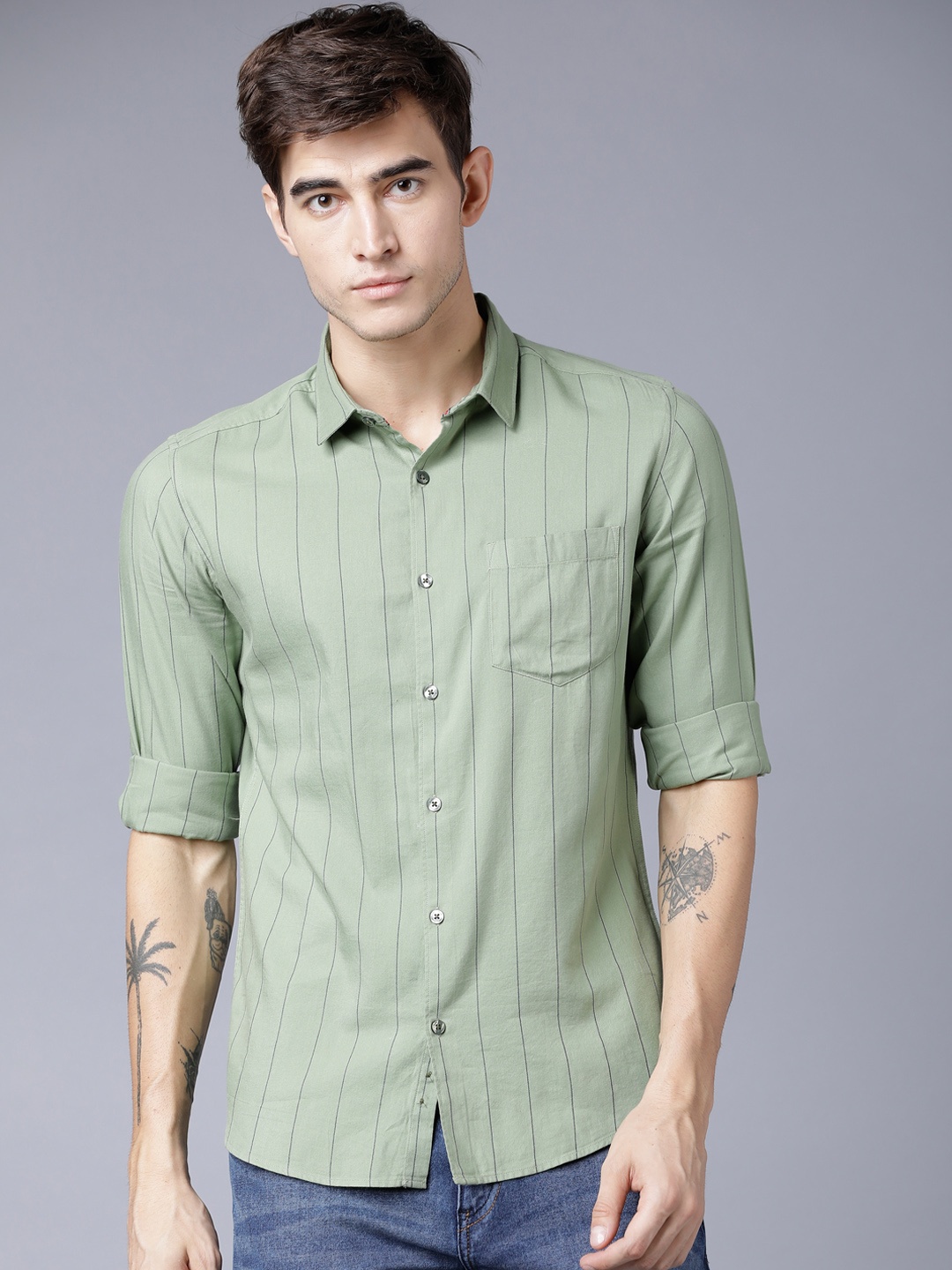 

Black coffee Men Green & Navy Slim Fit Striped Casual Shirt