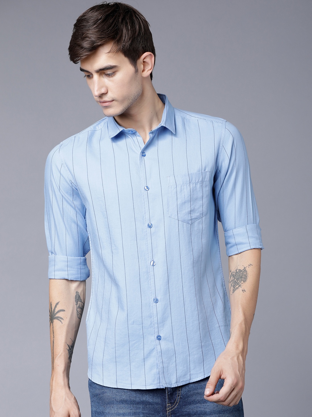 

Black coffee Men Blue Slim Fit Striped Casual Shirt