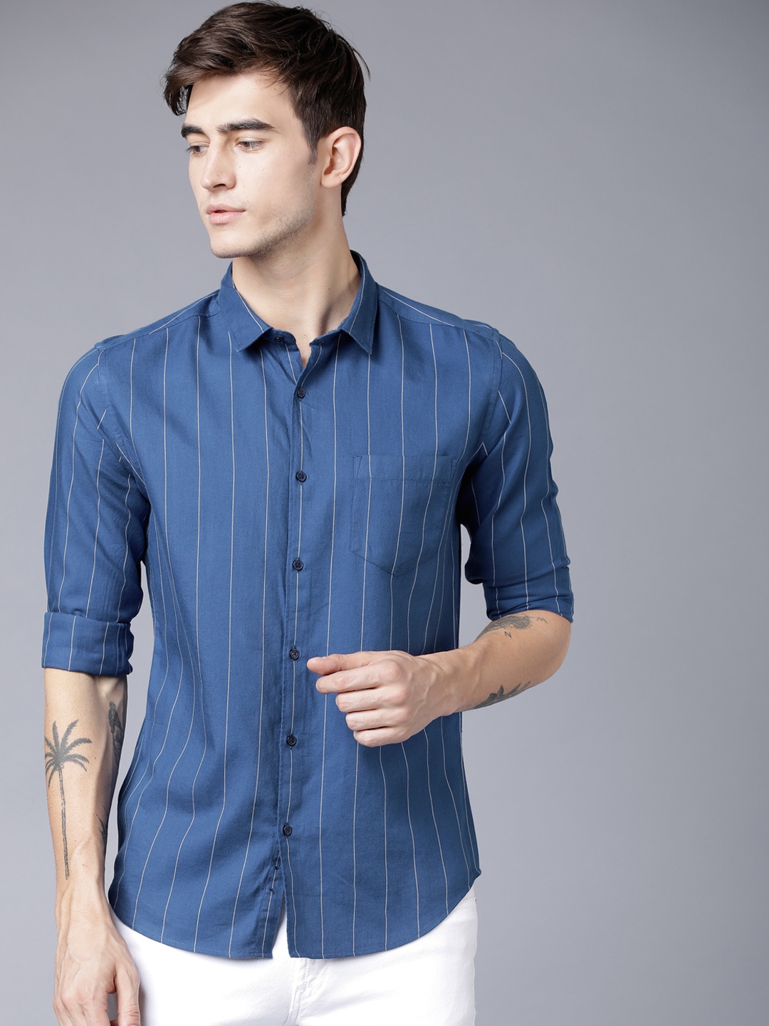 

Black coffee Men Navy & Beige Slim Fit Striped Casual Shirt, Navy blue