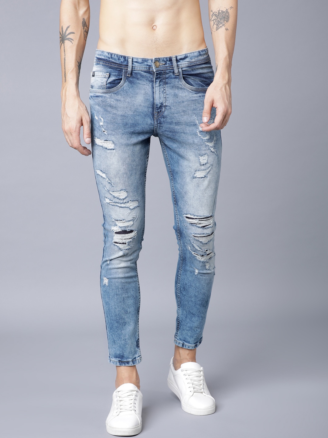 

LOCOMOTIVE Men Blue Tapered Fit Mid-Rise Highly Distressed Stretchable Jeans