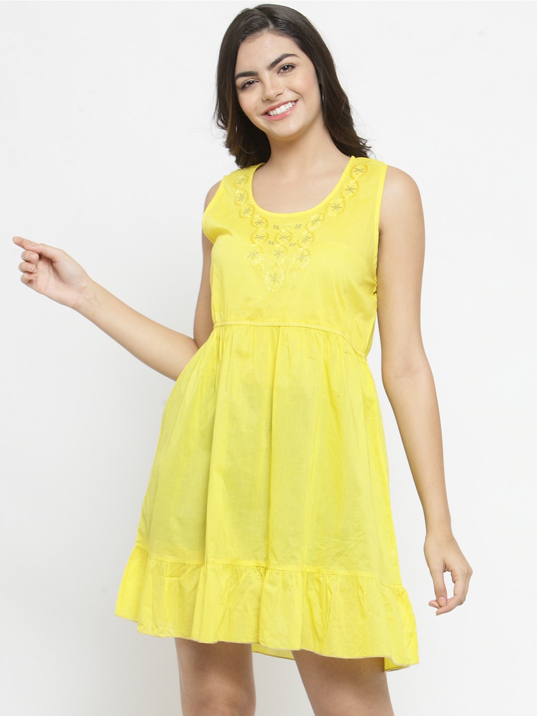 

WESTCLO Women Yellow Self Design Fit and Flare Dress