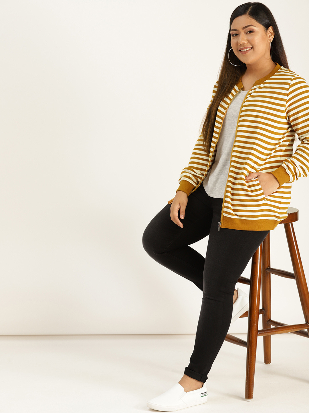 

Sztori Plus Size Women Mustard Brown Off-White Striped Sweatshirt