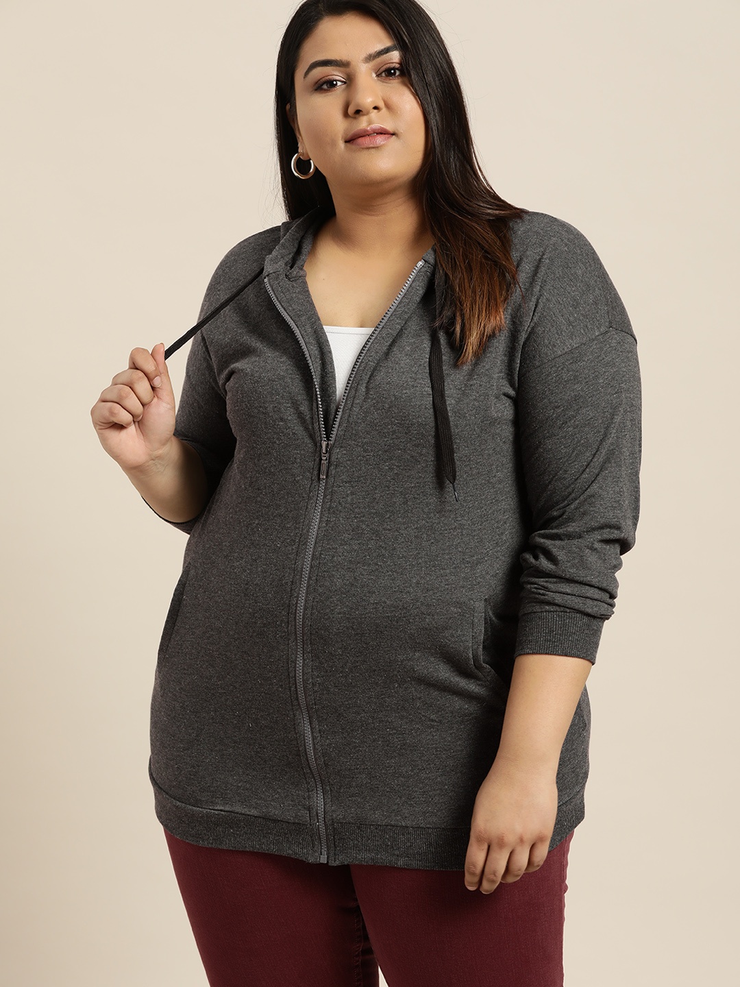 

Sztori Plus Size Women Charcoal Grey Solid Hooded Sweatshirt