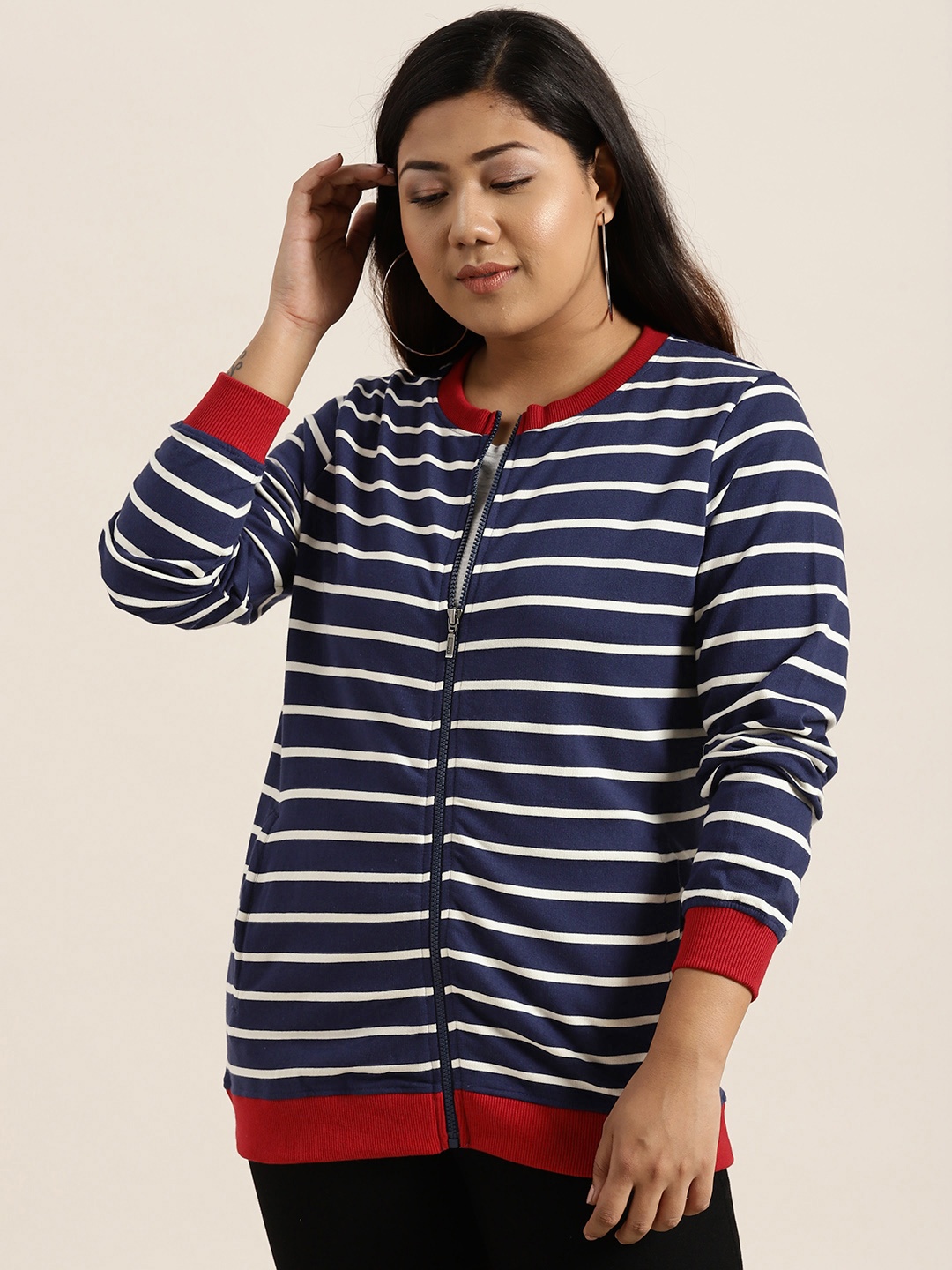 

Sztori Plus Size Women Navy Blue Off-White Striped Sweatshirt