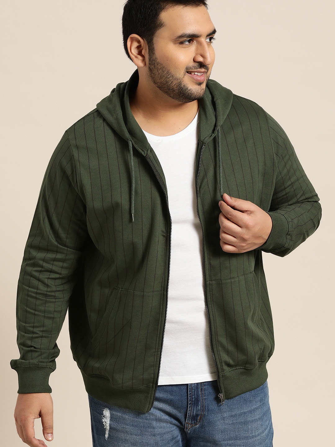 

Sztori Plus Size Men Olive Green Black Striped Hooded Sweatshirt