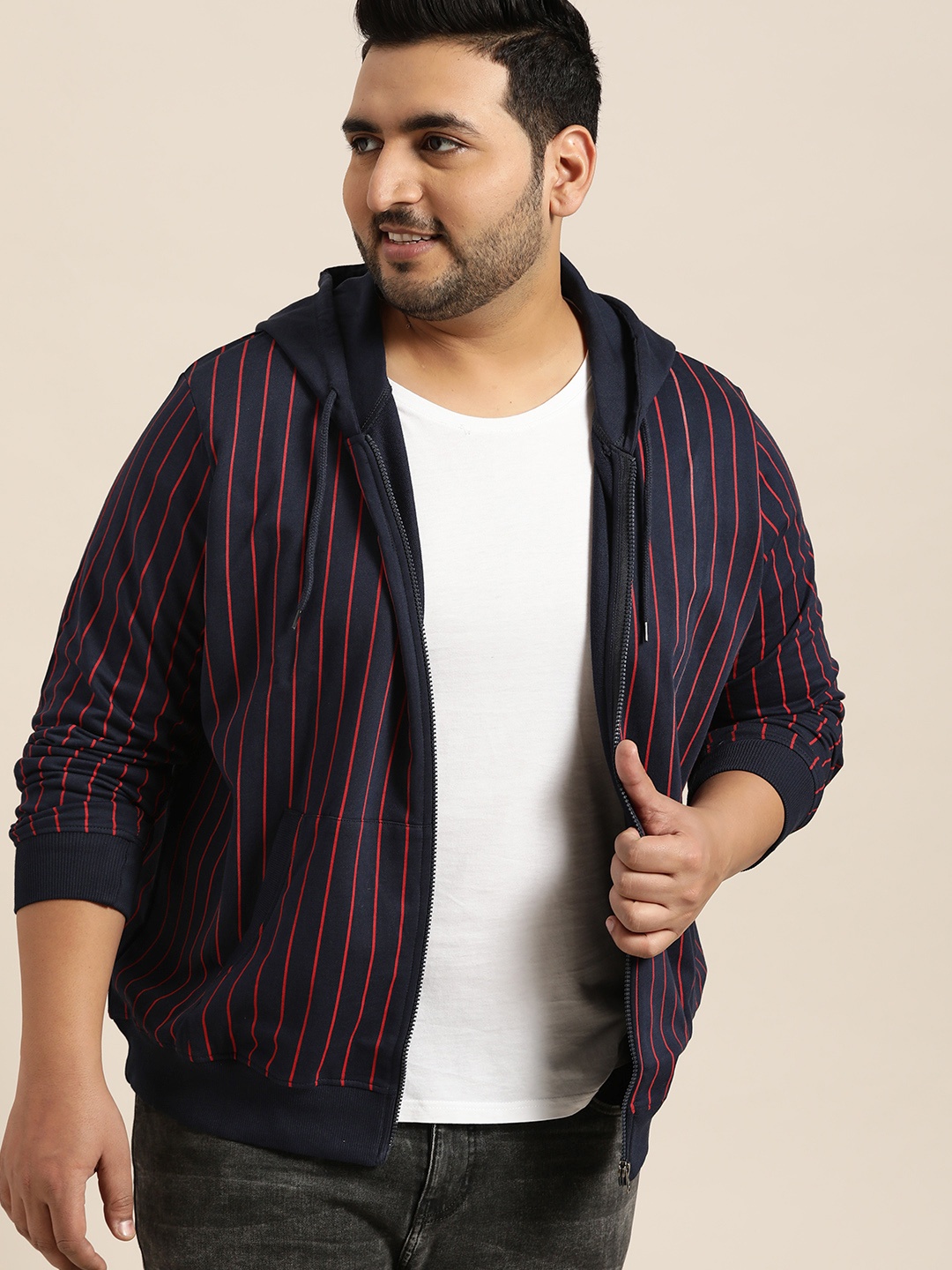 

Sztori Plus Size Men Navy Blue Red Striped Hooded Sweatshirt