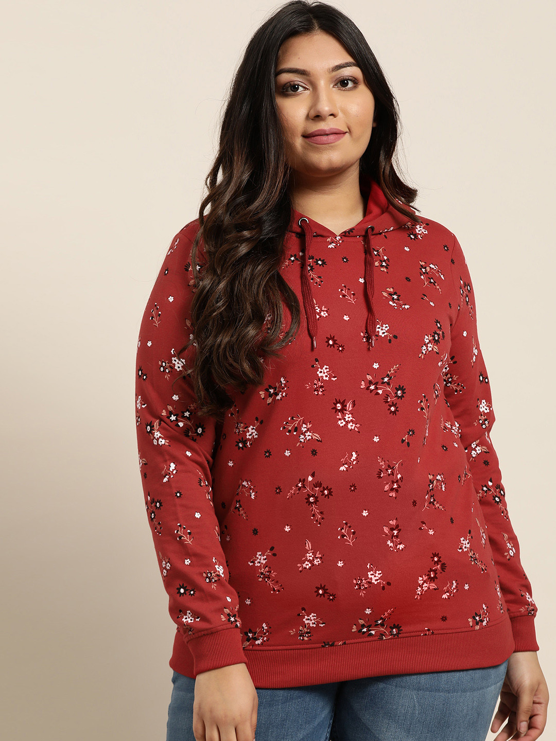 

Sztori Plus Size Women Rust Red White Printed Hooded Sweatshirt