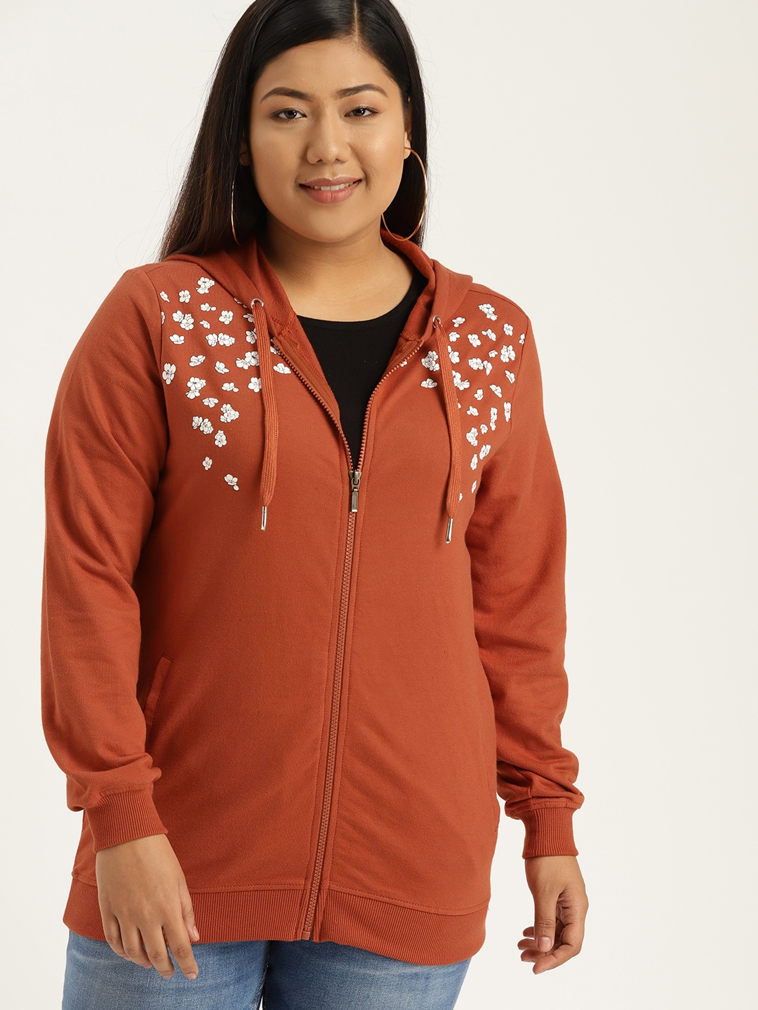 

Sztori Plus Size Women Rust Orange Solid Hooded Sweatshirt